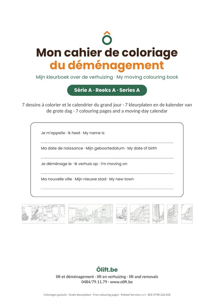 Couverture du cahier de coloriage du déménagement Série A pour enfants Ôlift.be
