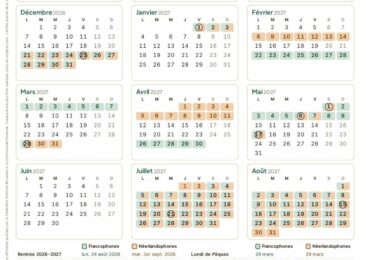 Calendrier scolaire bilingue avec congés 2026-2027, gratuit : congés et vacances des écoles francophones et néerlandophones de Belgique, à imprimer en A4
