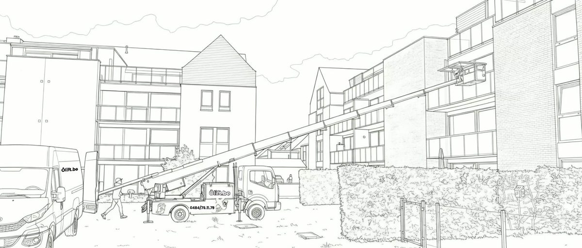 Dessin à colorier d'un camion-lift (élévateur) qui monte les meubles jusqu'au dernier étage d'un immeuble